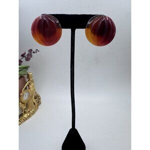 Vintage Natural Carnelian Carved Wave Button Earrings Clip On And Pierced